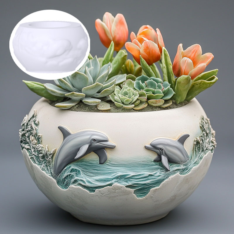 Resin Ocean Wave Mold - Coppia delfino rilievo pianta succulenta vaso